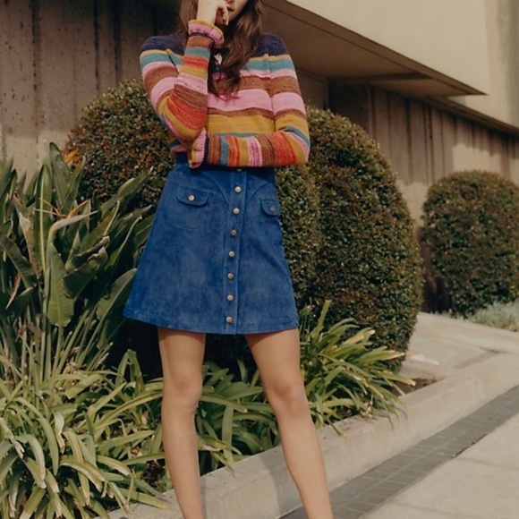 Anthropologie Suede MINI Skirt Lined w/Pockets 14 Real Leather Button-Front Blue - Picture 3 of 7